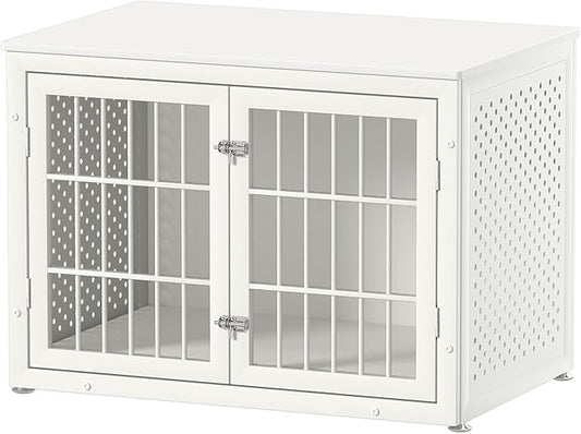 38" Heavy Duty Dog Crate Furniture for Large and Medium Dogs,Wooden Metal Kennel for High Anxiety Dogs, Chew Proof Pet Cage Indoor, Decorative Dog Kennel End Table, White-PurrikoPets