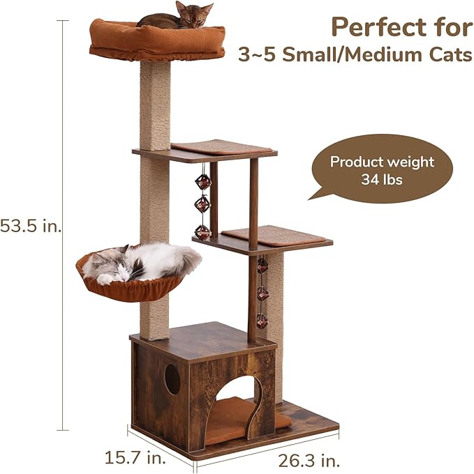 FUKUMARU Cat Tree, 4 in 1 Large Modern Cats Tower with Jute Scratching Post and Hammock, Wood Cat Condo with silvervine Balls, Brown Cat Climber Stand Playhouse for Indoor Cats, Retro Style-PurrikoPets