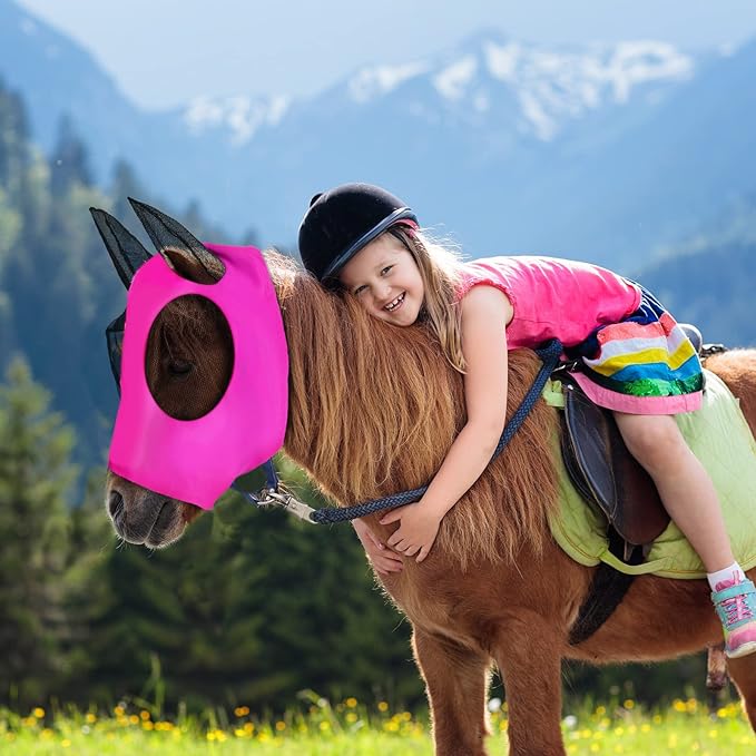 Frienda 4 Pcs Horse Fly Masks with Ears Head Fly Masks for Horses Smooth Elastic UV Protection Cover from Summer Insect Pests(Large,Purple, Blue, Pink, Black)-PurrikoPets