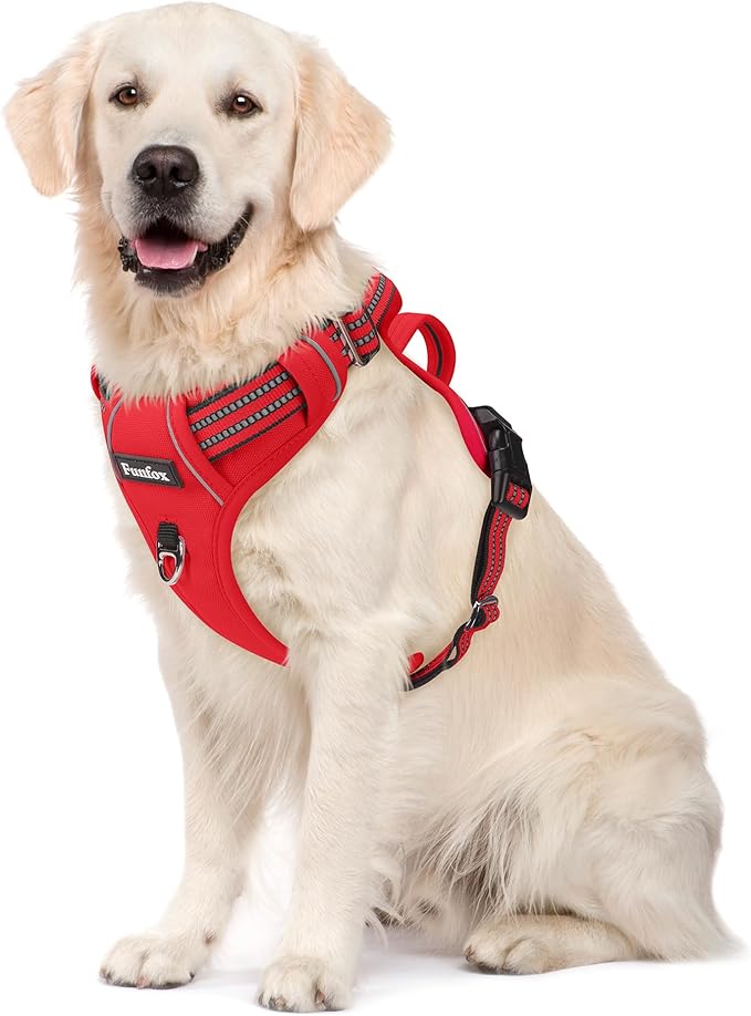 Funfox Dog Harness No Pull, Adjustable Pet Vest Harness, Super Soft Material with Vertical Handle Easy Control, Reflective Night Walking, 2 Leash Clips for XLarge Dogs, Red, XL-PurrikoPets