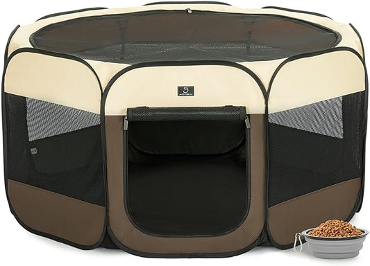 A4Pet Dog Playpen Indoor, 49” Pet Playpen with Bowl for Dogs, Kittens, and Small Animals, Removable Zipper & Mesh Panel(19”W × 12”H)-PurrikoPets