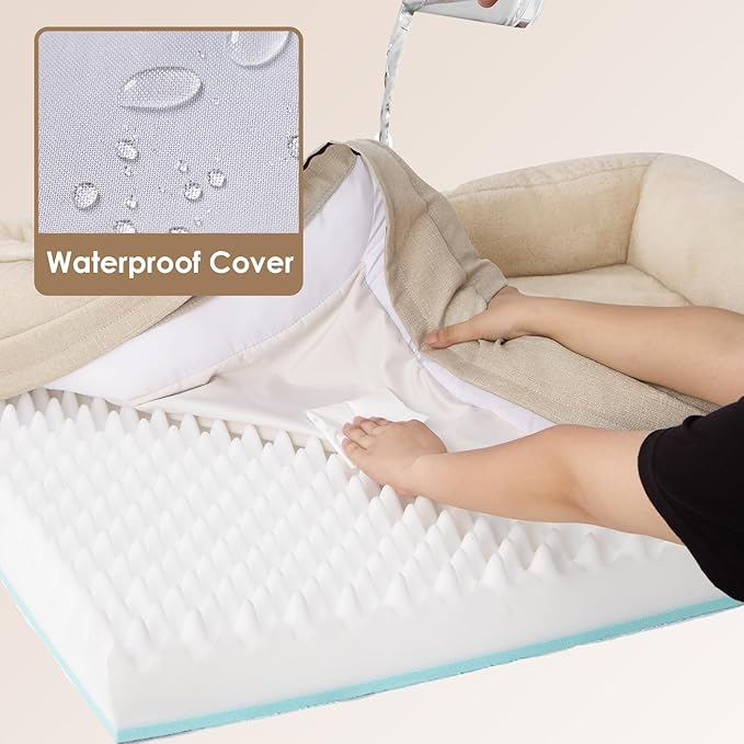 EHEYCIGA Memory Foam Dog Bed for Large Sized, Orthopedic Dog Sofa with Sides and Waterproof Liner, Washable Bolster Pet Bed Couch with Removable Cover, 36x27x7 Inch, Beige-PurrikoPets