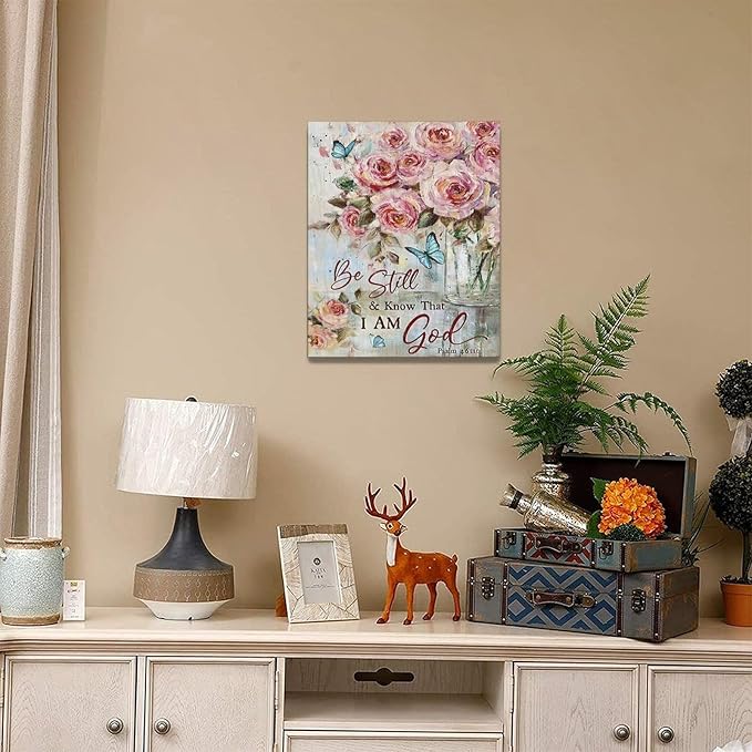 Farmhouse Rose Wall Art Christian Scripture Pictures Pink Rose Wall Decor Rustic Floral Butterfly Canvas Print Painting Artwork for Bathroom Living Room Bedroom 16"x20"-PurrikoPets