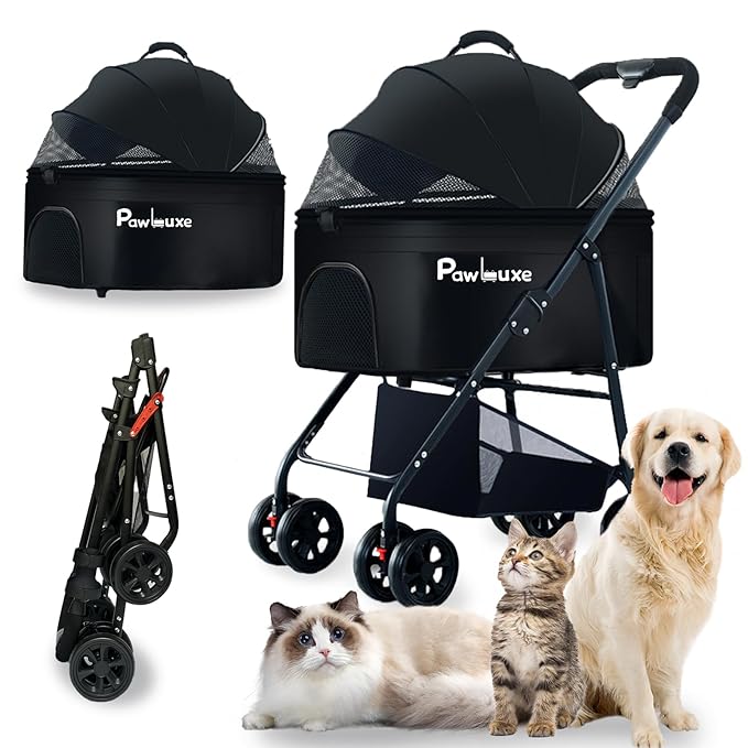 4 Wheels Pet Stroller 4 in 1 Pet Stroller with Detachable Carrier for Small & Medium Dogs Cats up to 55 lbs Easy-Folding Travel Dog Wagon with Car Seat Breathable Mesh,Black-PurrikoPets