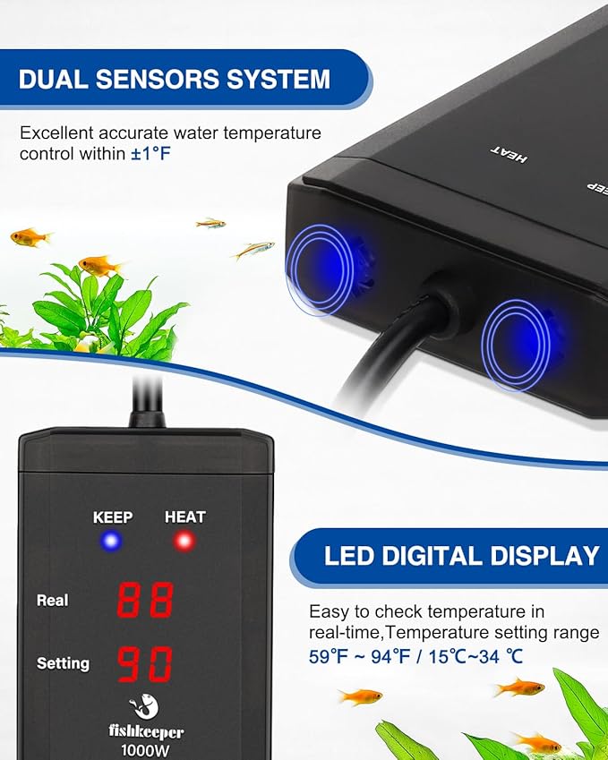 fishkeeper 800W Submersible Aquarium Heater – Ultra-Safe Digital Fish Tank Heater for 80-230 Gallon, Leaving Water Auto Power-Off, PID Intelligent Fast Heating, 59°F-93°F Accurate Temperature Control-PurrikoPets