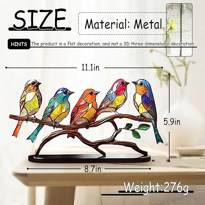 5 Birds on a Branch, Metal Desktop Decorations, Home Bird Decorations for Office, Window, Aviary, Garden, Gifts for Bird Lovers, Boxed Set.-PurrikoPets