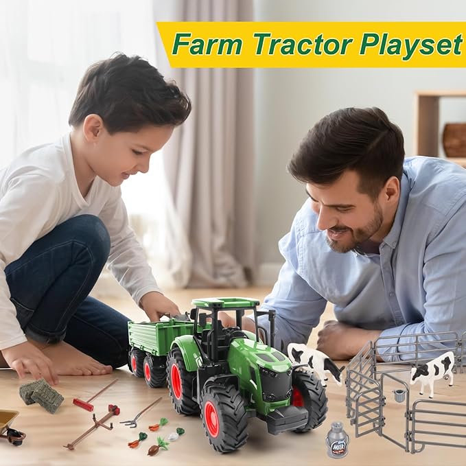 Farm Animal Tractor Toys Playset-16.5 Inches Tractor with Trailer Fence,Farmer,Tree,Cow,Farm Toy Set for Boys Girls Kids Toddlers Age 3-7 Years Old-PurrikoPets