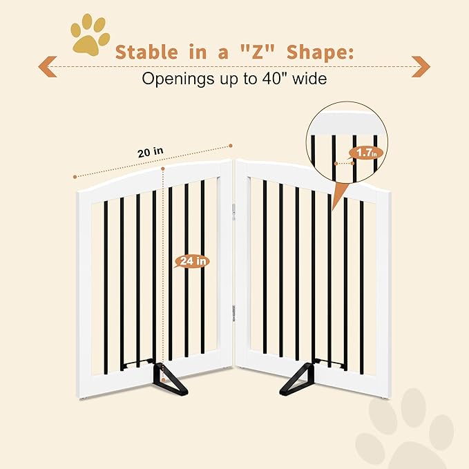 Freestanding Pet Gate for Dogs, Foldable Wooden Dog Gate for House, Indoor Pet Barrier for Stairs, Doorways, Support Feet Included, 24" Height 2 Panels, White-PurrikoPets