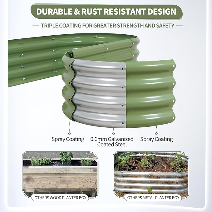 Galvanized Raised Garden Bed - 8x2x1FT Metal Planter Boxes Outdoor | Oval Steel Raised Bed Kit for Gardening with Protective Tape, Bracing Rods, Gloves for Vegetables, Flower, Herb (Green)-PurrikoPets