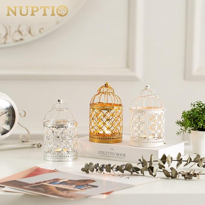 2 Pcs Small Metal Tealight Hanging Birdcage Lantern, Vintage Decorative Centerpieces of Wedding, Party, Gold-PurrikoPets