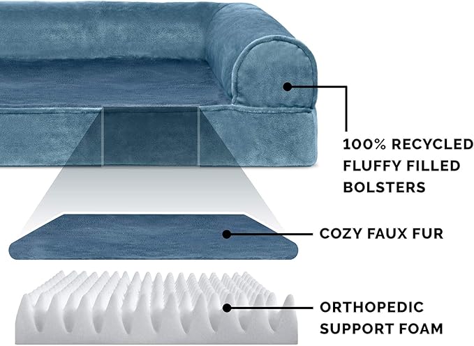Furhaven Orthopedic Dog Bed for Large/Medium Dogs w/ Removable Bolsters & Washable Cover, For Dogs Up to 55 lbs - Faux Fur & Velvet Sofa - Harbor Blue, Large-PurrikoPets