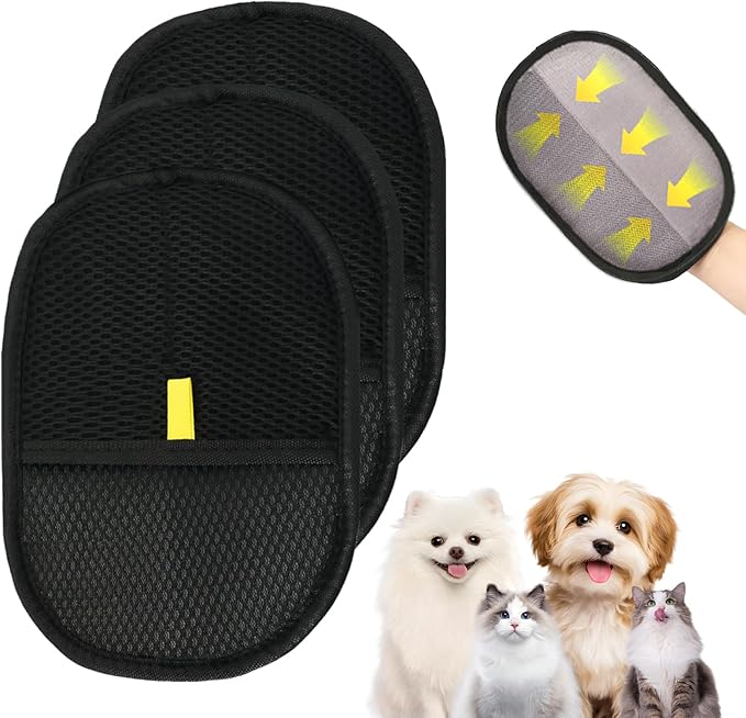 3 Pcs Pet Hair Removal Glove, Electrostatic Pet Hair Removal Gloves, Reusable Cat and Dog Hair Remover, for Couch, Carpet, Furniture, Car, Bedding, Cat Grooming Gloves-PurrikoPets