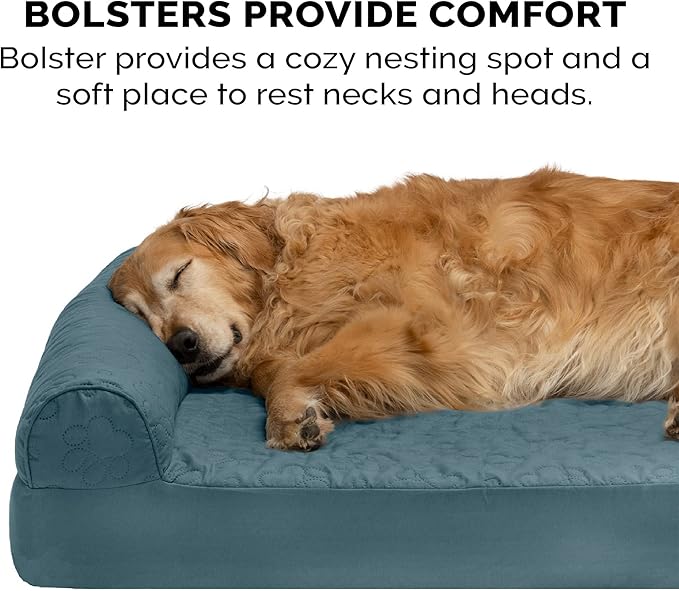 Furhaven Cooling Gel Dog Bed for Large Dogs w/ Removable Bolsters & Washable Cover, For Dogs Up to 95 lbs - Pinsonic Quilted Paw L Shaped Chaise - Bluestone, Jumbo/XL-PurrikoPets