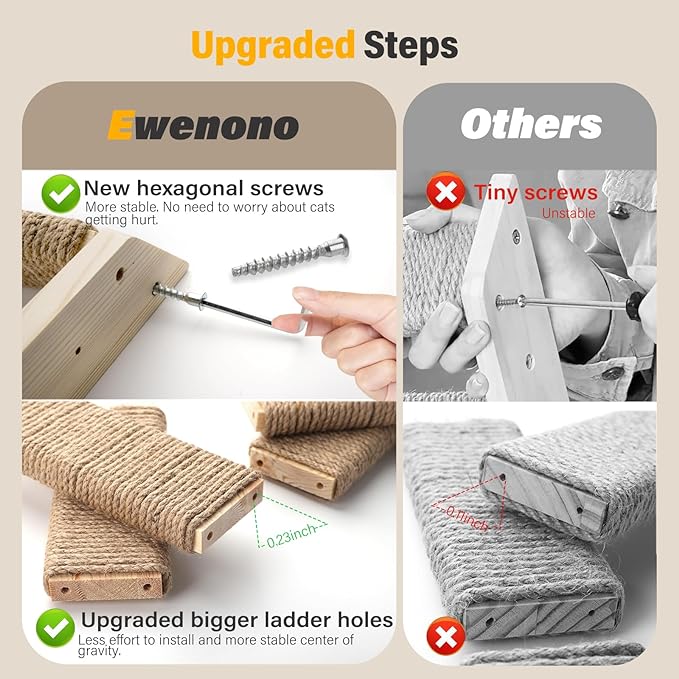 4-Step Cat Wall Shelves and Stairs With Sisal Rope - Improved & Stronger Tree Supplies, Large, Brownish White-PurrikoPets