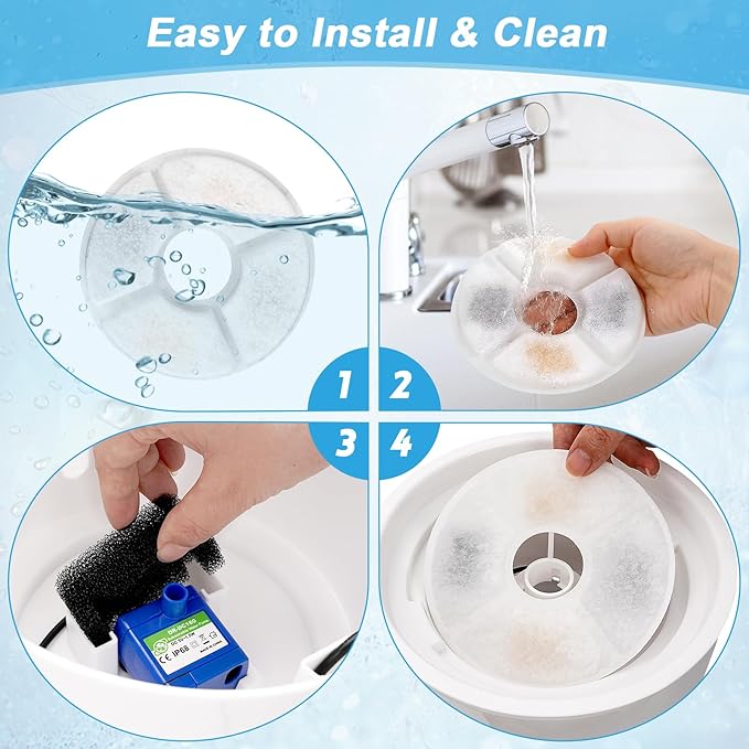 12 Pack Cat Water Fountain Filter, 8 Pcs Cat Fountain Filters Replacement & 4 Pcs Pre-Filter Sponges for 81oz / 2.4L Round Automatic Pet Water Fountain Dog Dispenser, 3-Filtration System-PurrikoPets