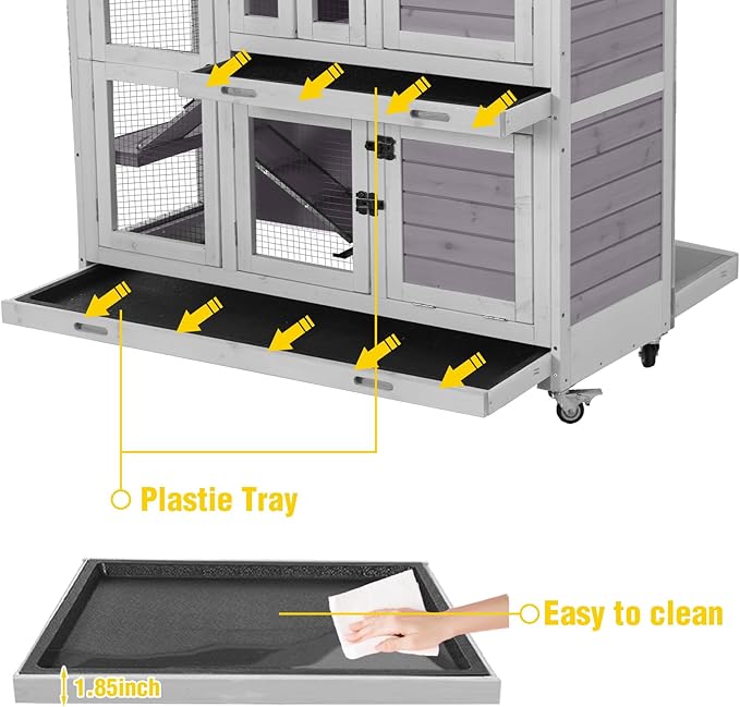 Aivituvin Rabbit Hutch Indoor, Bunny Cage with Wheels, 2-Story Design, 2 Deep Trays, Anti Slip Ramp, Ideal for Small Animals - Grey-PurrikoPets