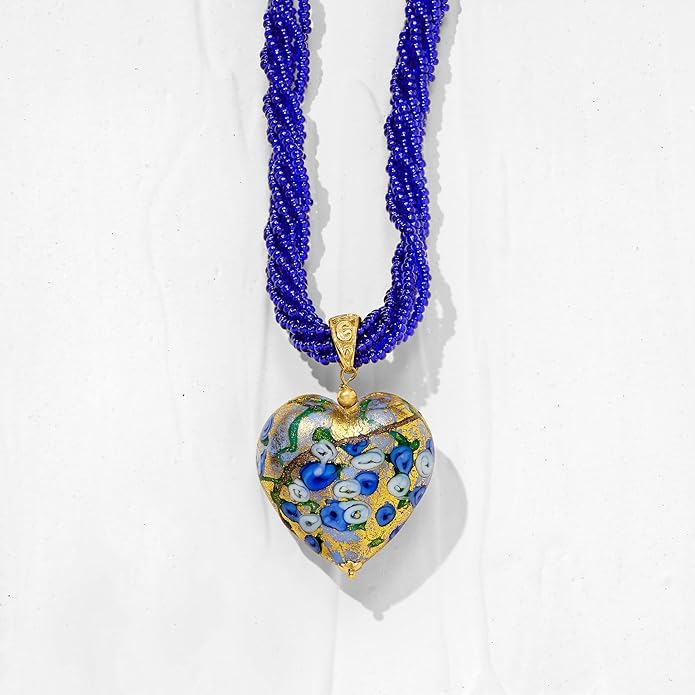Ross-Simons Italian Multicolored Murano Heart Pendant Necklace in 18kt Gold Over Sterling