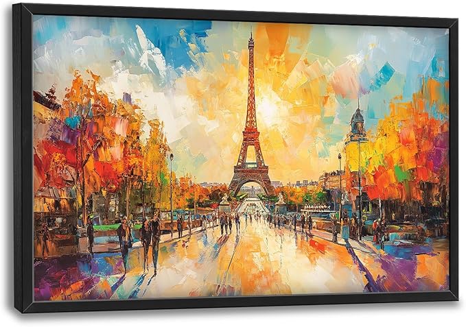 Framed Large Eiffel Tower Wall Art for Living Room, Oversized Paris City Street Landscape Wall Decor, Colorful Sunrise Canvas Painting Modern Artwork for Living Room Bedroom Office 36"x24"-PurrikoPets