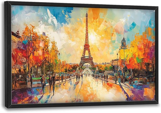 Framed Large Eiffel Tower Wall Art for Living Room, Oversized Paris City Street Landscape Wall Decor, Colorful Sunrise Canvas Painting Modern Artwork for Living Room Bedroom Office 36"x24"-PurrikoPets