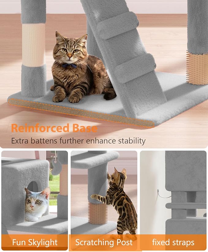 77'' Cat tree Tower for Indoor Cats Large Adult,Cute/Tall Modern Cat Tree for Big Cats 20 lbs,Plush Multi-Level Cat Condo with Scratching Posts,Dangling Ball for fun play(Light Gray, 77 inch)-PurrikoPets