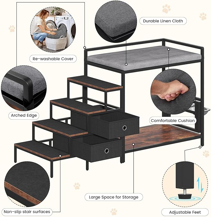 Dog Window Perch with 360° & Adjustable Raised Feeder, Pet Bunk Bed with Removable Stair and 2 Drawers, Elevated Platform Bed, Pet Elevated Seat with Cushion, Paw-Friendly Ladder-PurrikoPets