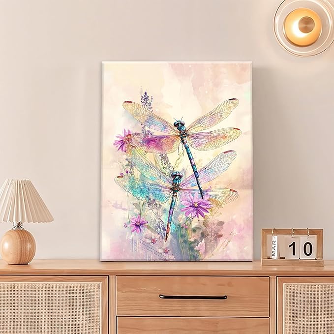 Dragonfly Bathroom Pictures Wall Art, Floral Bathroom Wall Decor, Framed Painting Canvas Artwork for Bedroom Living Room Decorations 20"L x 16"W-PurrikoPets