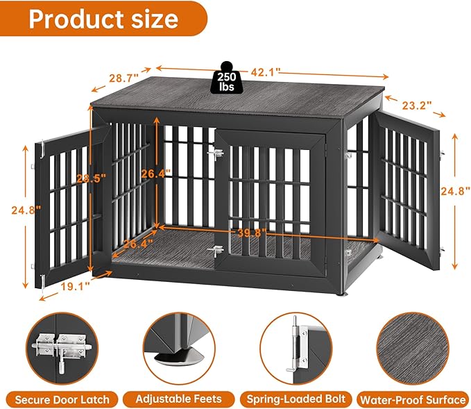 42" Heavy Duty Dog Crate Furniture for Small,Medium and Large Dogs,Rustic Wooden Dog Cage Kennel Indoor Furniture with Waterproof Top,Decorative Pet House Side End Table (Black & Grey)-PurrikoPets