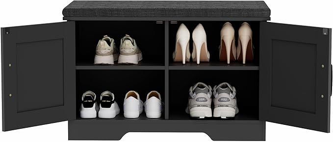 2-Tier Storage Bench, Shoe Bench with Padded Seat Cushion, Entryway Bench with 2 Barn Doors, Adjustable Shelf, 13.8" D x 27.6" W x 17.7" H, for Entryway, Living Room, Bedroom, Black-PurrikoPets