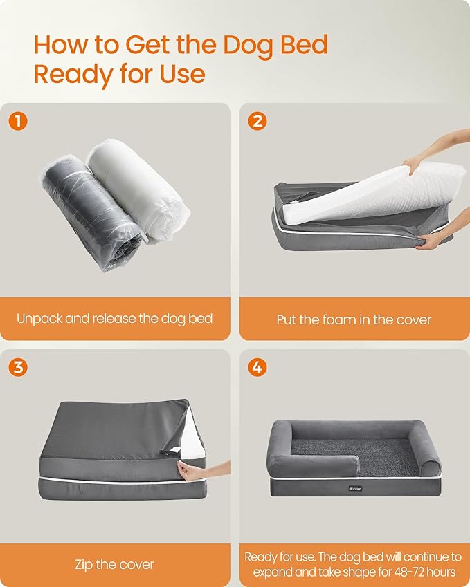 Feandrea Dog Bed, Orthopedic Large Waterproof Bed, Removable Washable Cover Dog Sofa with Non-Slip Bottom, Raised Edges, 42 x 32 x 8 Inches, Light Gray UPGW077G02V1-PurrikoPets