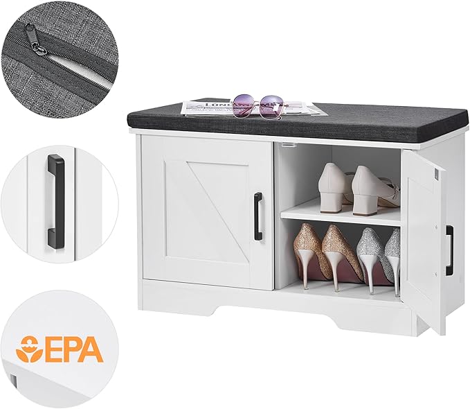 2-Tier Storage Bench, Shoe Bench with Padded Seat Cushion, Entryway Bench with 2 Barn Doors, Adjustable Shelf, 13.8" D x 27.6" W x 17.7" H, for Entryway, Living Room, Bedroom, White-PurrikoPets