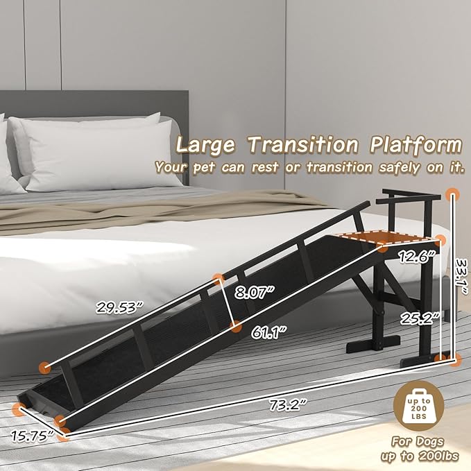 73" Dog Ramp for Bed, Pet Ramp with Removable Side Rail and Non-Slip Surface, Pet Ramp for Small & Large & Senior Dogs with Rest Platform and DIY Glow Strips,Dog Stairs for Couch, Black-PurrikoPets