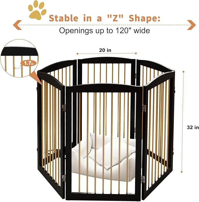 Freestanding Pet Gate for Dogs, Indoor Wooden Dog Gate for House, Extra Wide Dog gate, Foldable Dog Gate for Stair, Doorway, Hall, Support Feet Included, 120 Inch Wide, 6 Panels 32",Black&Gold-PurrikoPets
