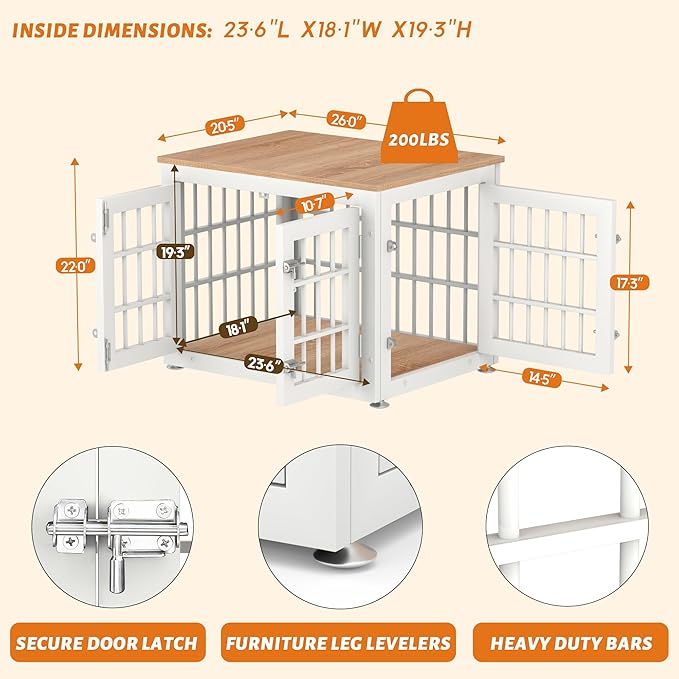 26 Inch Heavy Duty Dog Crate Furniture for Small Dogs, Decorative Pet House End Table, Wooden Cage Kennel Furniture Indoor, White and Natural-PurrikoPets