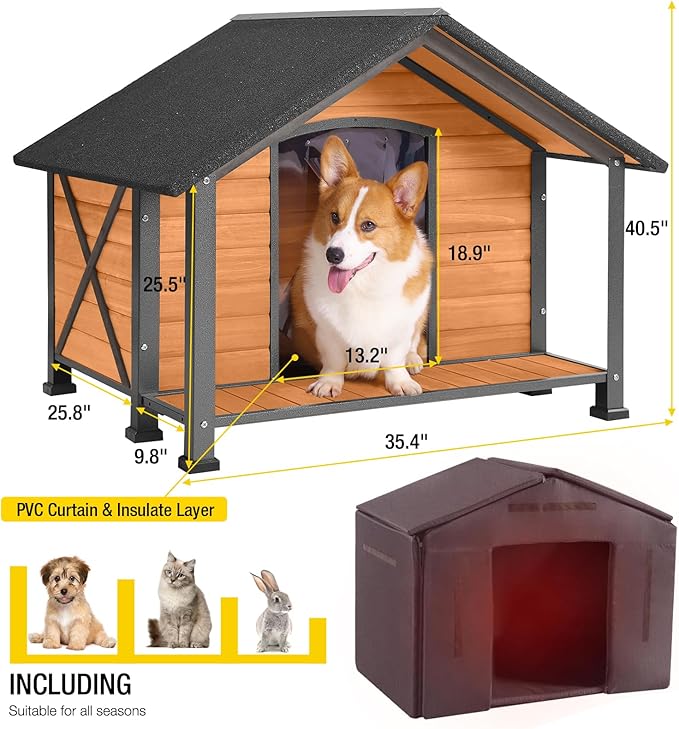 Aivituvin Dog House with Insulated Liner Outdoor All-Around Iron Frame Dog Kennel Outside with Overhang Roof Large Porch Weatherproof-PurrikoPets
