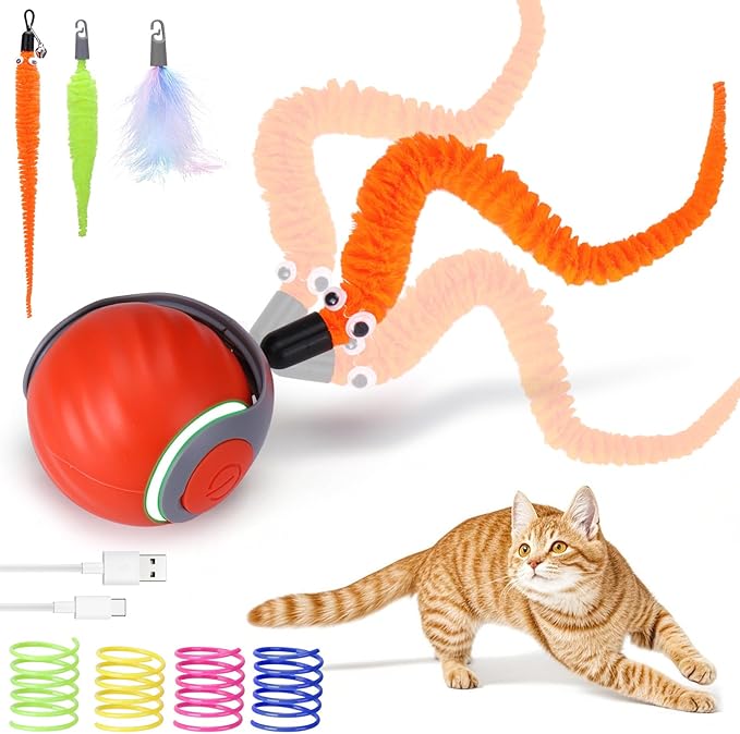 AIERSA Interactive Automatic Cat Toys for Indoor Adult Cats,Self Play Speed Tail Toy with 3 Tails and 4 Springs (Orange)-PurrikoPets