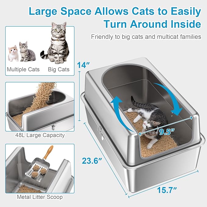 14'' High Sides XXL All Stainless Steel Cat Litter Box with Lid,XL Deep Metal Litter Box for Big Cats,Extra Large Litter Boxes with High Wall Enclosure,Anti-Leakage,Never Absorbs Odors,Non-Sticky-PurrikoPets