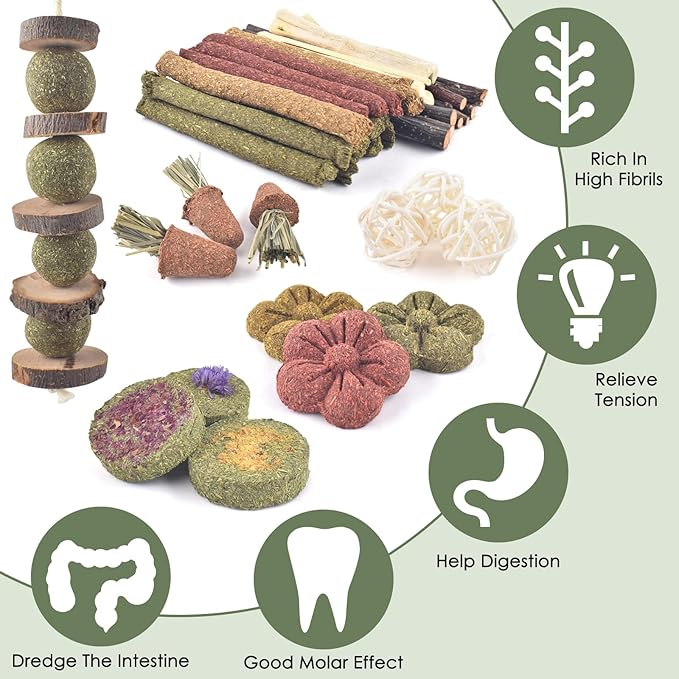 ERKOON Bunny Toys Boredom, 42 PCS Bunnies Timothy Hay Sticks Carrots Rose Grass Cake Dental Care, Molar, Chinchillas Toy Chew Toy, Guinea Pigs, Hamsters, Chinchilla, Rabbit Chew Toys for Teeth-PurrikoPets