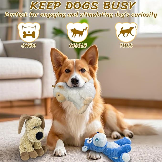 3Pack Squeaky Stuffed Dog Toys- Indoor&Outdoor Playing Toys for Large to Small, Durable Plush Toys to Keep Them Busy- Animal Shape Crinkle Toy-PurrikoPets