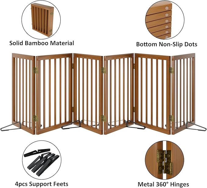 Freestanding Pet Gate Foldable Dog Gate (110 inches Wide) Walnut Bamboo Dog Gates for Stair Doorways House Puppy Fences Indoor (4 Support Feet Included)-PurrikoPets
