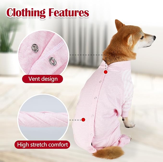 Dog Recovery Suit, Abdominal Wound After Surgery Wear, Anti Licking Bodysuit with Snaps, E-Collar & Cone Alternatives, Striped Dog Spay Surgical Pajamas Prevent Shedding(Small, Pink)-PurrikoPets