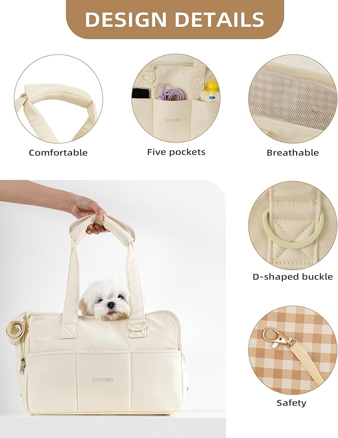 Dog Purse Carrier for Small Dogs Rabbit cat with Large Pockets, Cotton Bag, Dog Carrier Soft Sided, Collapsible Travel Puppy Carrier (Beige, 13.6" L x 6.5" W x 10" H)-PurrikoPets