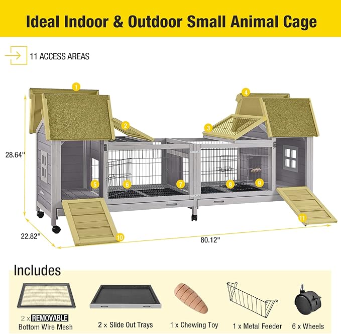 Aivituvin Rabbit Hutch Bunny Cage with Double House and Run Indoor Outdoor Guinea Pig House with Deeper No Leak Trays and Wheels-PurrikoPets
