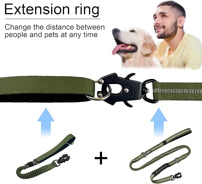20” Strong Short Leash for Dog, Heavy Duty Bungee Dogs Leash with Padded Handle Car Seatbelt, Dog Training Leashs for Large or Medium Dogs - Can be Used with Other leashes (Army Green)-PurrikoPets