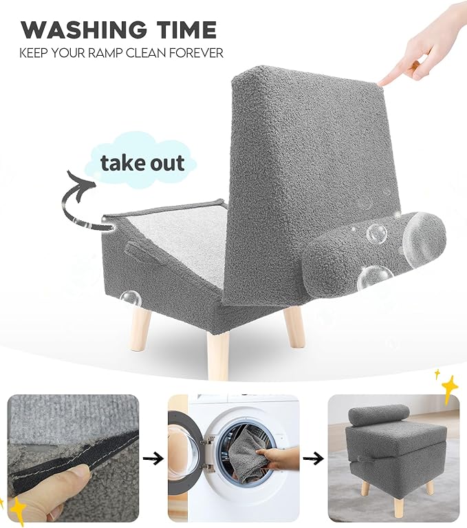 Dog Stairs for Small Dogs and Cats – 2-in-1 Dog Ramp for Bed and Couch, 16.5'' Foldable Wooden Pet Steps, Sturdy Multi-Use Split Ottoman Design, Dark Grey-PurrikoPets