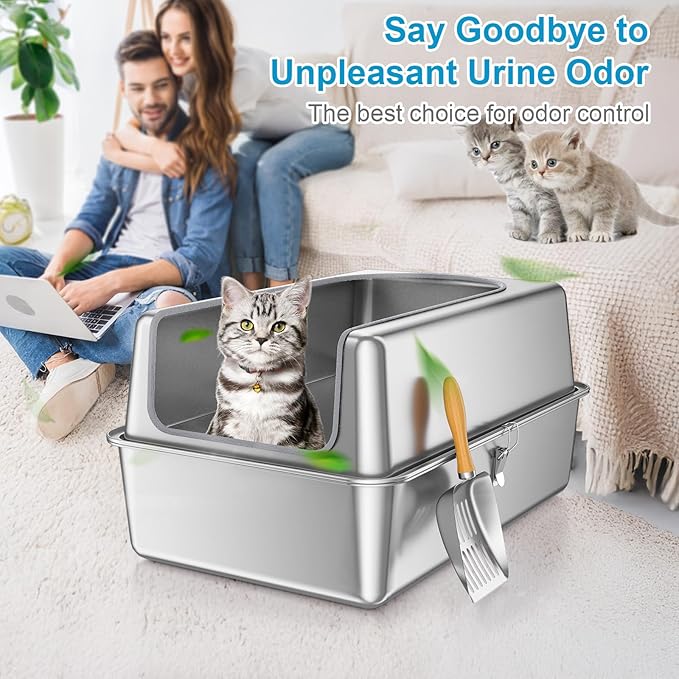 12'' High Sides XL All Stainless Steel Cat Litter Box with Lid,Deep Metal Litter Box for Big Cats,Extra Large Litter Boxes with High Wall Enclosure,Anti-Leakage,Never Absorbs Odors,Non-Sticky Surface-PurrikoPets