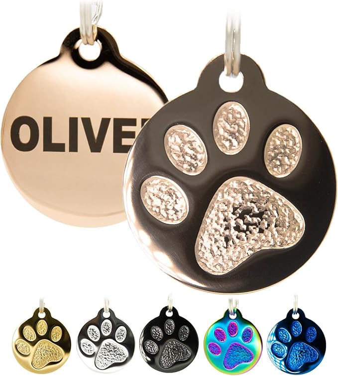 Engraved Pet Tag for Dogs and Cats - Personalized Front & Back up to 4 Lines of Text Custom Engraved ID, Round Paw Print Solid Plating Stainless Steel Rose Gold Small-PurrikoPets