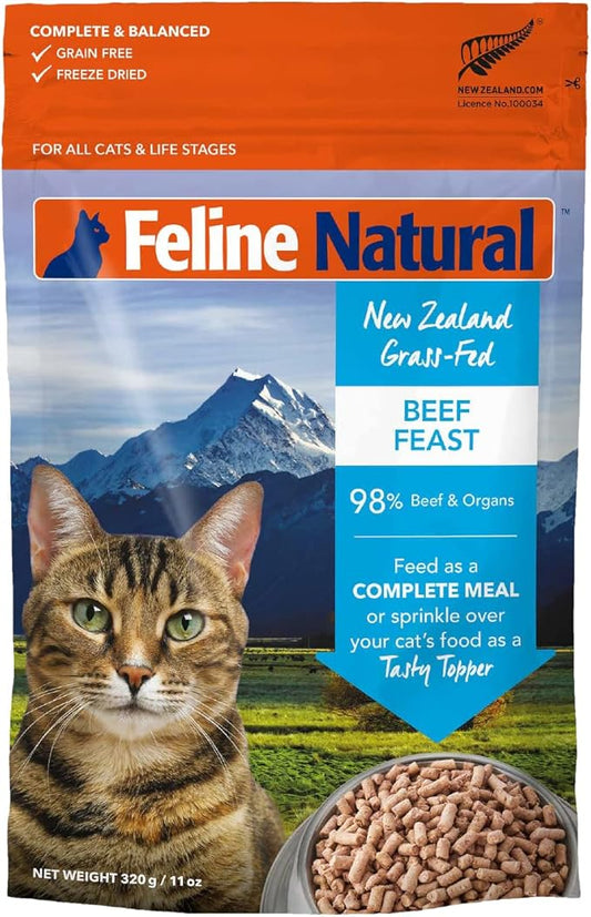 Feline Natural High Protein Dry Cat Food, Freeze-Dried Diet with 98% Meat, Organs & Seafood, No Peas, Grains, or Artificial Additives, Made in New Zealand, Beef, 11oz-PurrikoPets