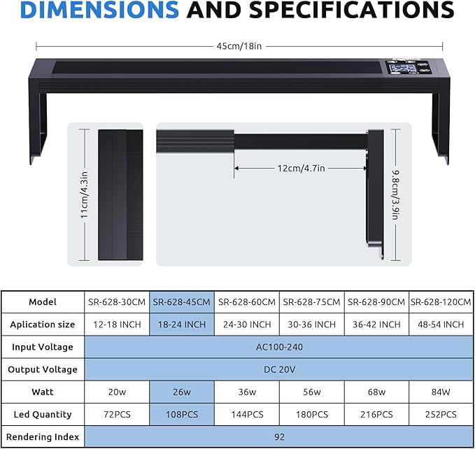 24/7 LED Aquarium Plant Light for 18-24 Inch Fish Tank, Auto On Off with Timer, 9 Colors, Adjustable Brightness, Daylight & Moonlight Mode, Full Spectrum Fish Tank Light for Plants, 26W-PurrikoPets