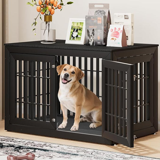 48" Heavy Duty Dog Crate Furniture for Small,Medium and Large Dogs,Rustic Wooden Dog Cage Kennel Indoor Furniture with Waterproof Top,Decorative Pet House Side End Table (Black)-PurrikoPets