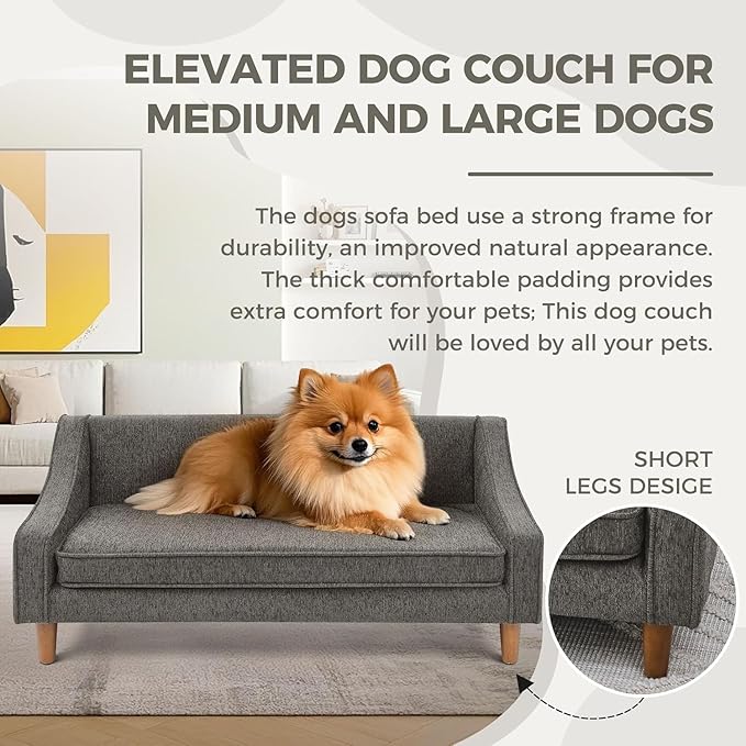 Dog Sofa Couch for Medium to Large Dogs, Durable Pet Sofa with Washable Fabric, Elevated Mini Dog Bed with Wooden Legs for Medium and Large Dogs, Dark Grey-PurrikoPets